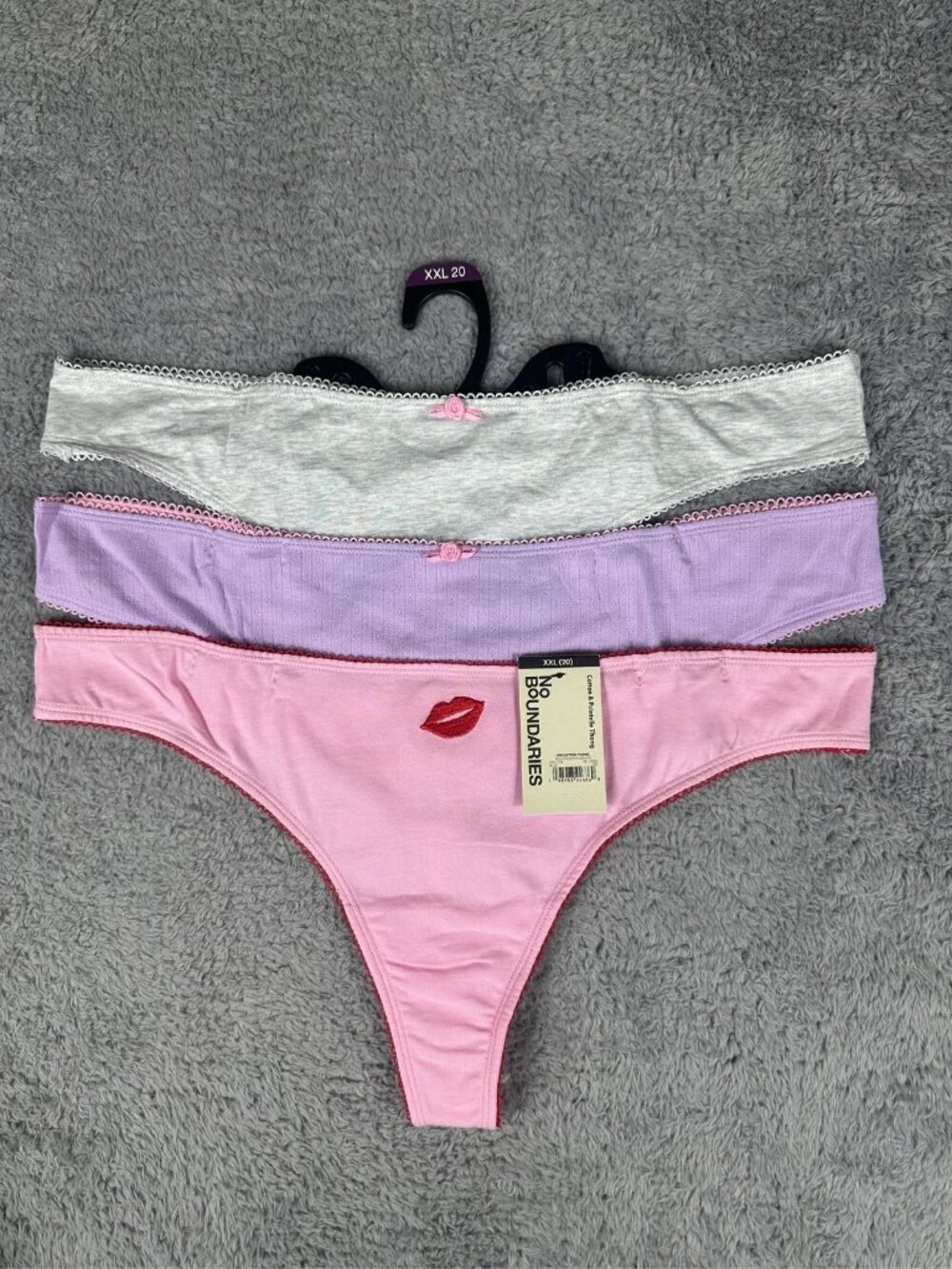 No Boundaries Women's Thong Panties 3-Pack Ribbed Cotton Size XXL 20